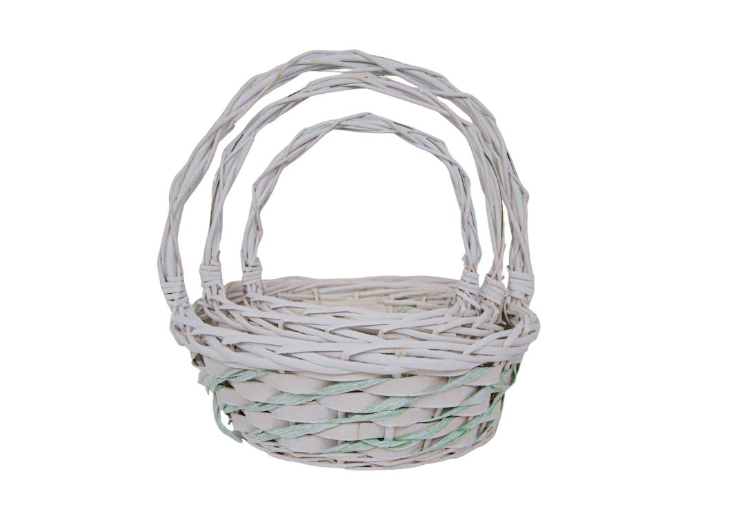 Set 3 Cosuri din Rachita cu Aschii de Lemn si Sfoara Verde Forma Rotunda Alb