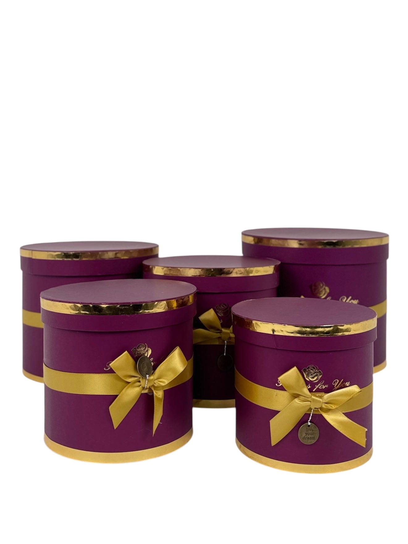 Set 5 Cutii Rotunde cu Funda si Inscriptie pentru Flori H14.5-H22.5