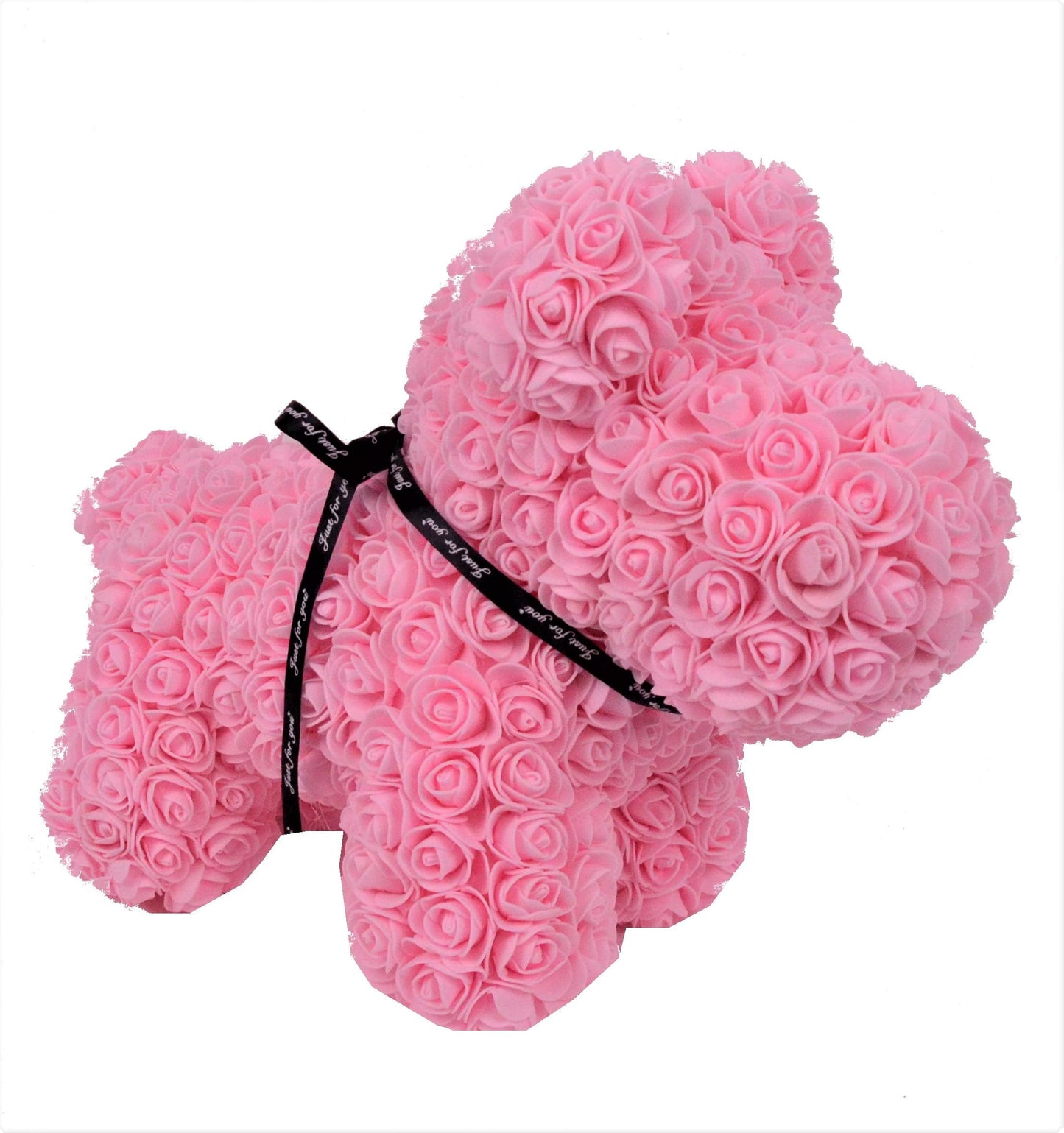 Catelus din trandafiri de spuma in cutie transparenta H 40