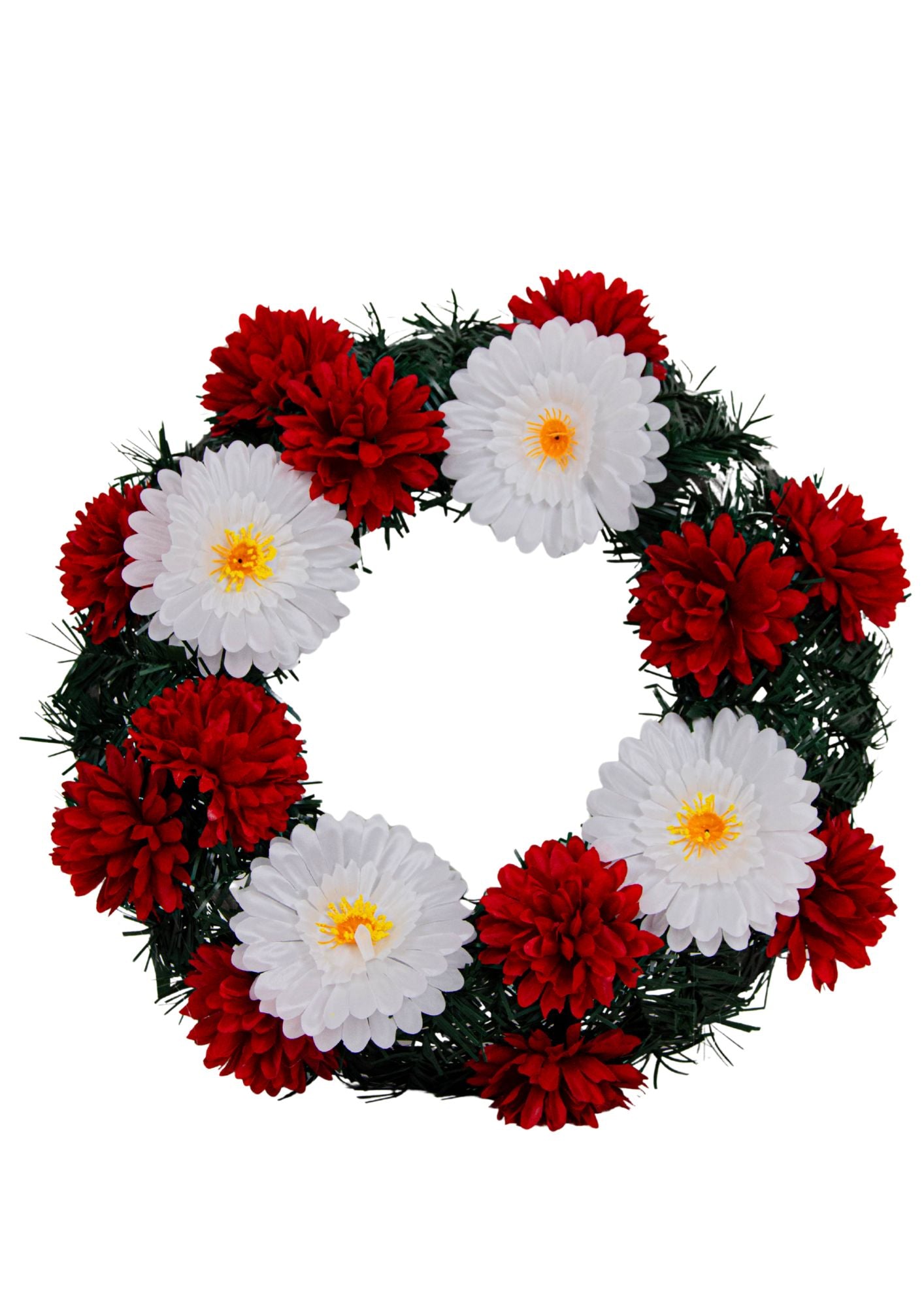 Coronita funerara cu flori rosii si albe pe fundal alb