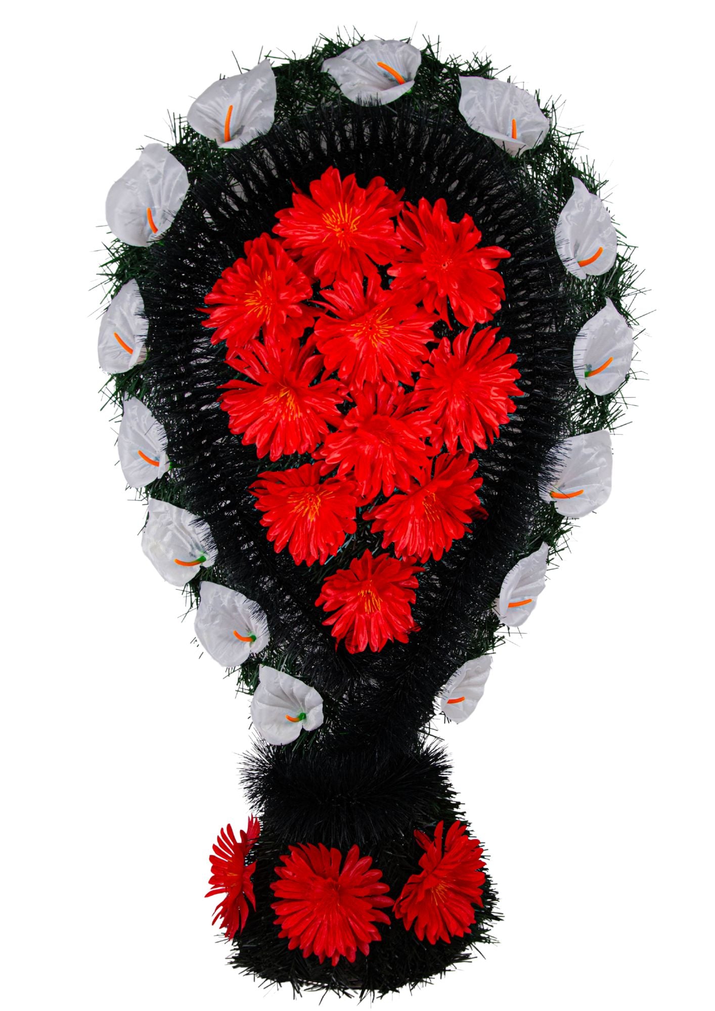 Coroana Funerara Brad Artificial cu Flori Tip Lacrima Intoarsa cu Picior H 90 cm