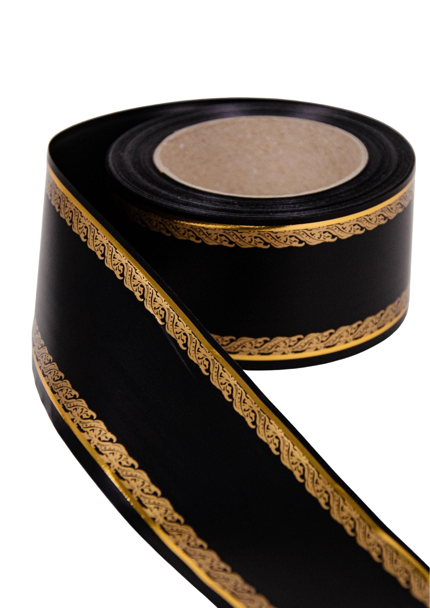 Panglica funerara neagra cu model regal si fir auriu pentru coroane funerare si coronite