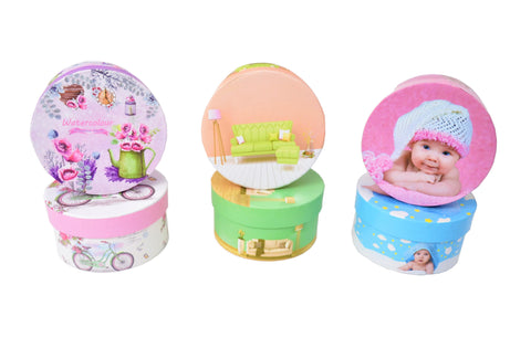 Set 12 cutii rotunde mici cu imprimeu foto Set 12 cutii rotunde mici cu imprimeu foto