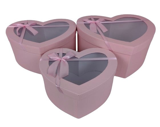 Set 3 cutii tip inima cu capac transparent si funda