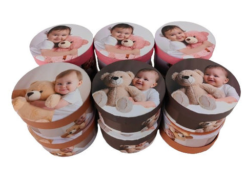 Set 12 cutii rotunde mici cu imprimeu foto Set 12 cutii rotunde mici cu imprimeu foto