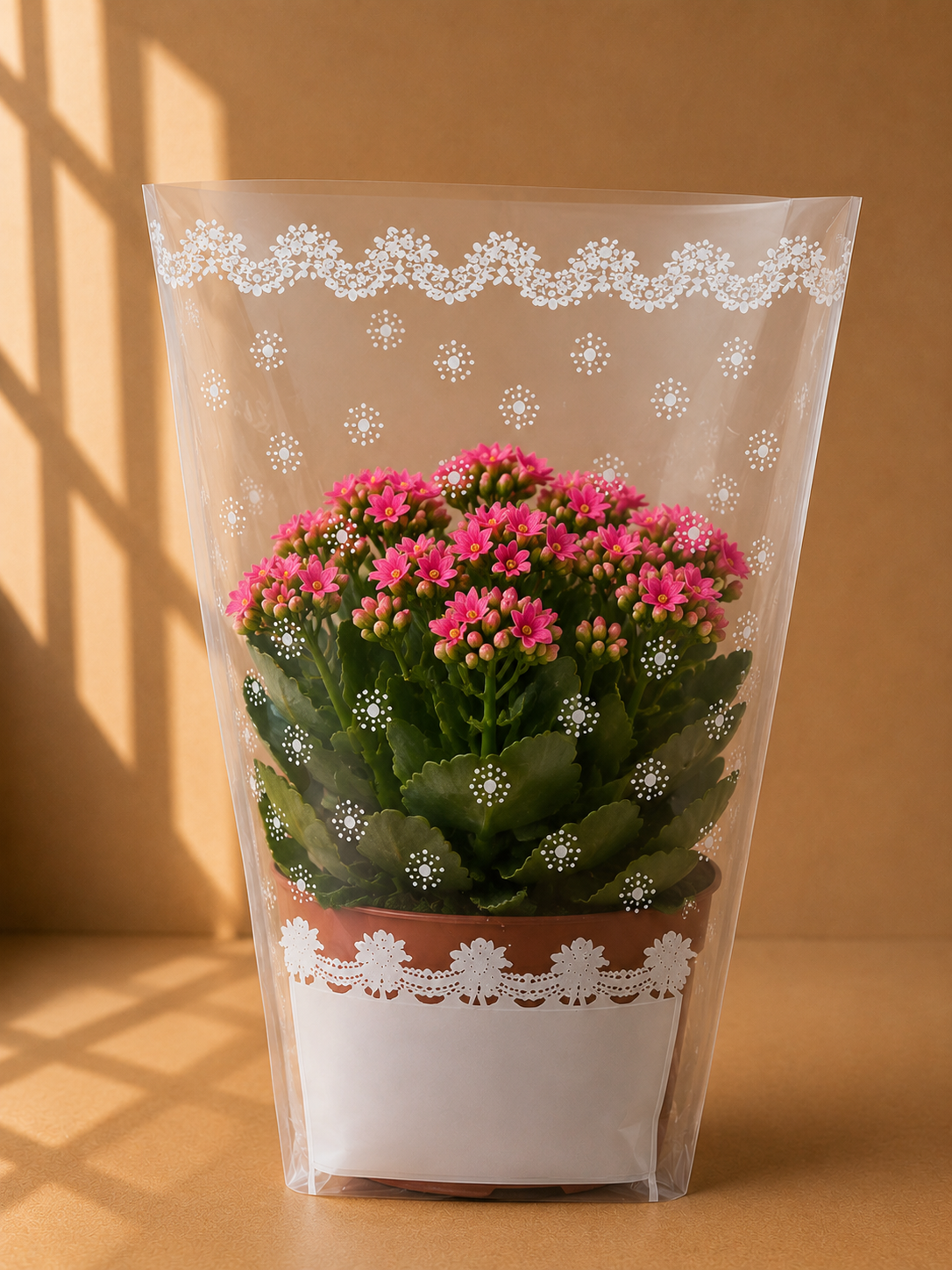 Set 100 Pungi Flori Albe si Transparente Decorate 26cm x 15cm x H20cm