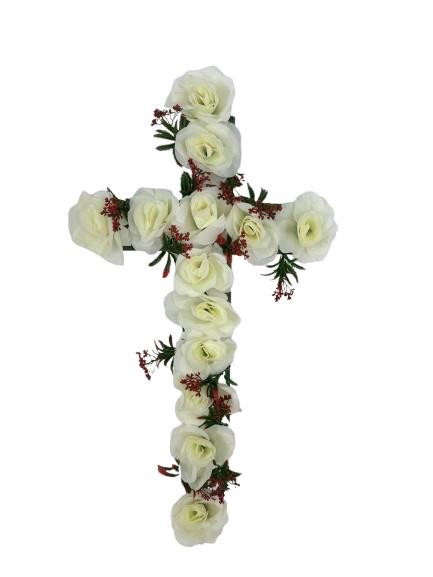 Cruce Funerara din Trandafiri Artificiali Alb