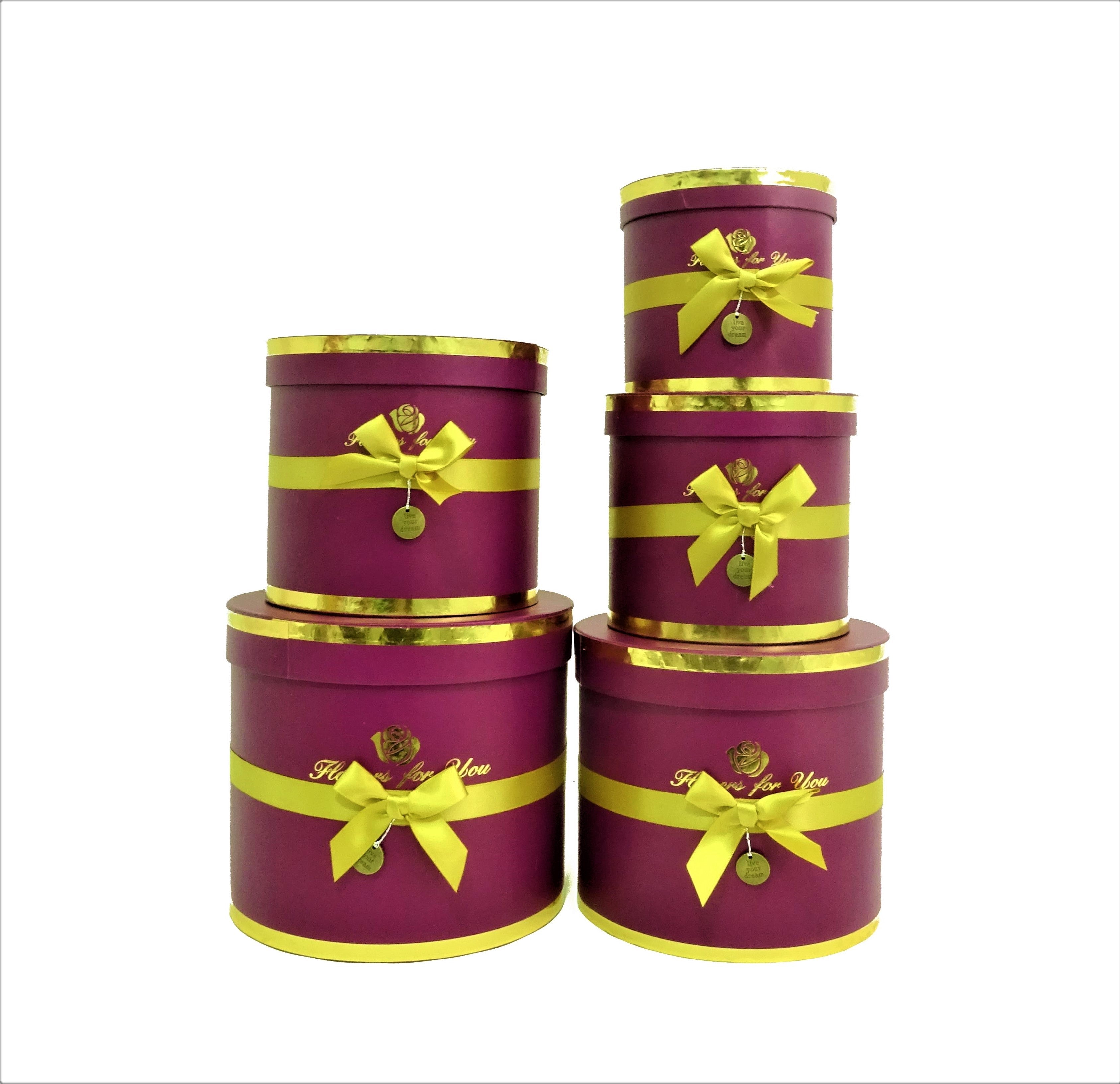Set 5 cutii rotunde cu funda si inscriptie