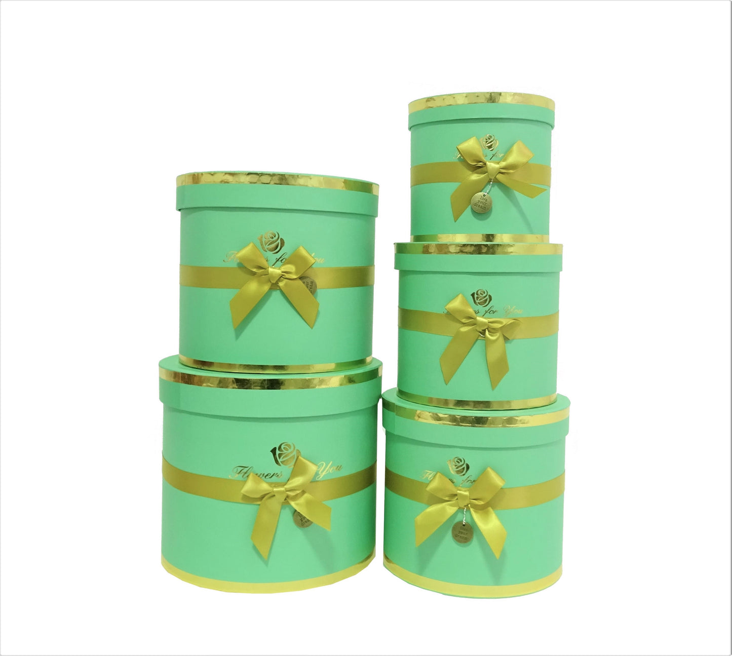 Set 5 cutii rotunde cu funda si inscriptie