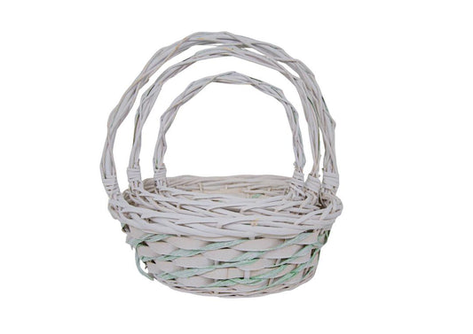 ART017803 Set 3 Cosuri din Rachita cu Aschii de Lemn si Sfoara Verde Forma Rotunda Alb