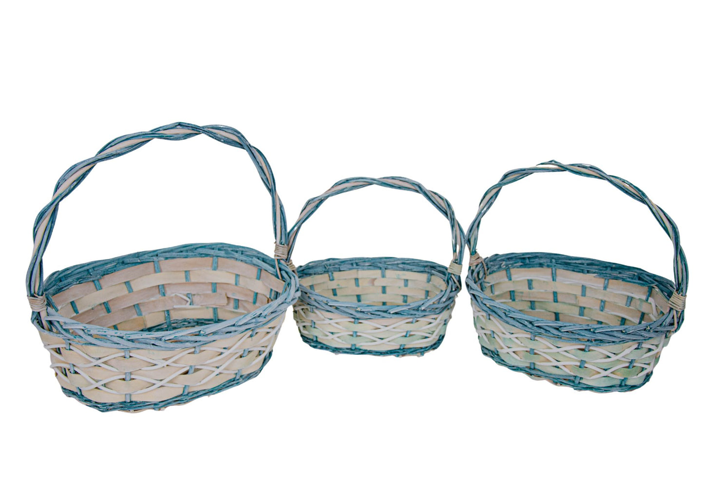 Set 3 Cosuri Ovale cu Rachita Verde Aschii de Lemn si Vita de Vie Artificiala Alba