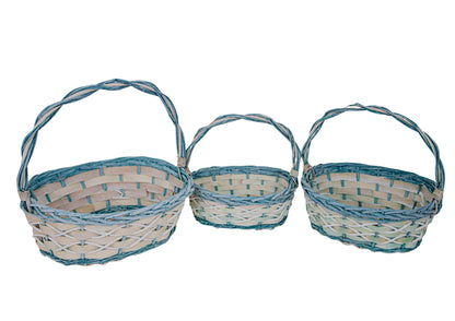 Set 3 Cosuri Ovale cu Rachita Verde Aschii de Lemn si Vita de Vie Artificiala Alba