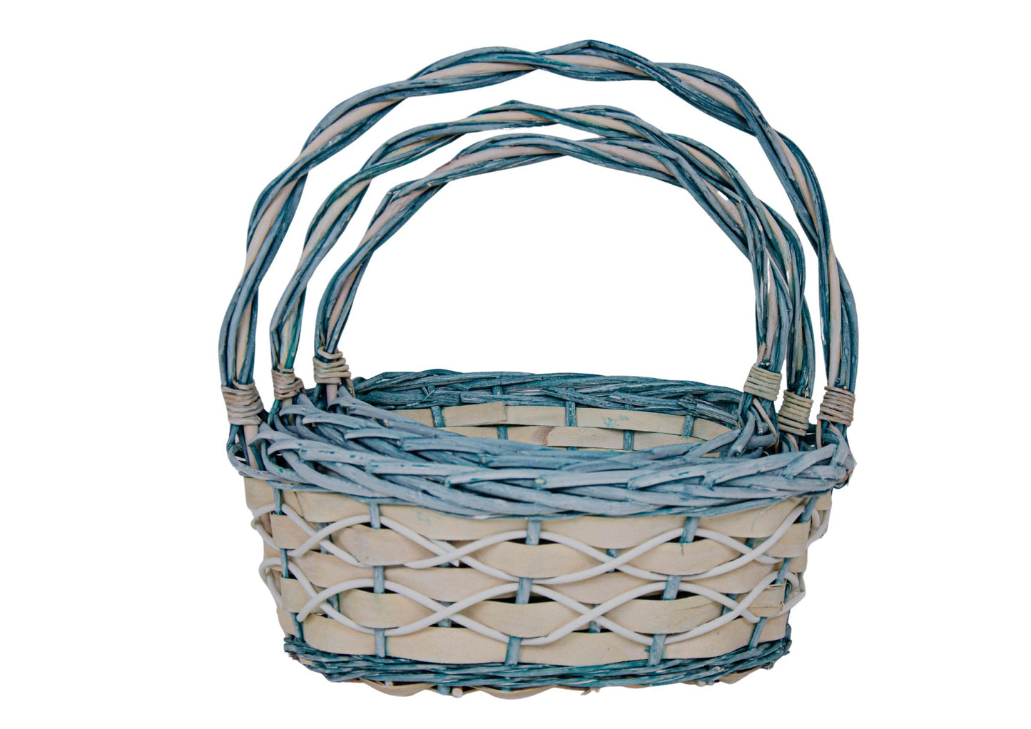 Set 3 Cosuri Ovale cu Rachita Verde Aschii de Lemn si Vita de Vie Artificiala Alba