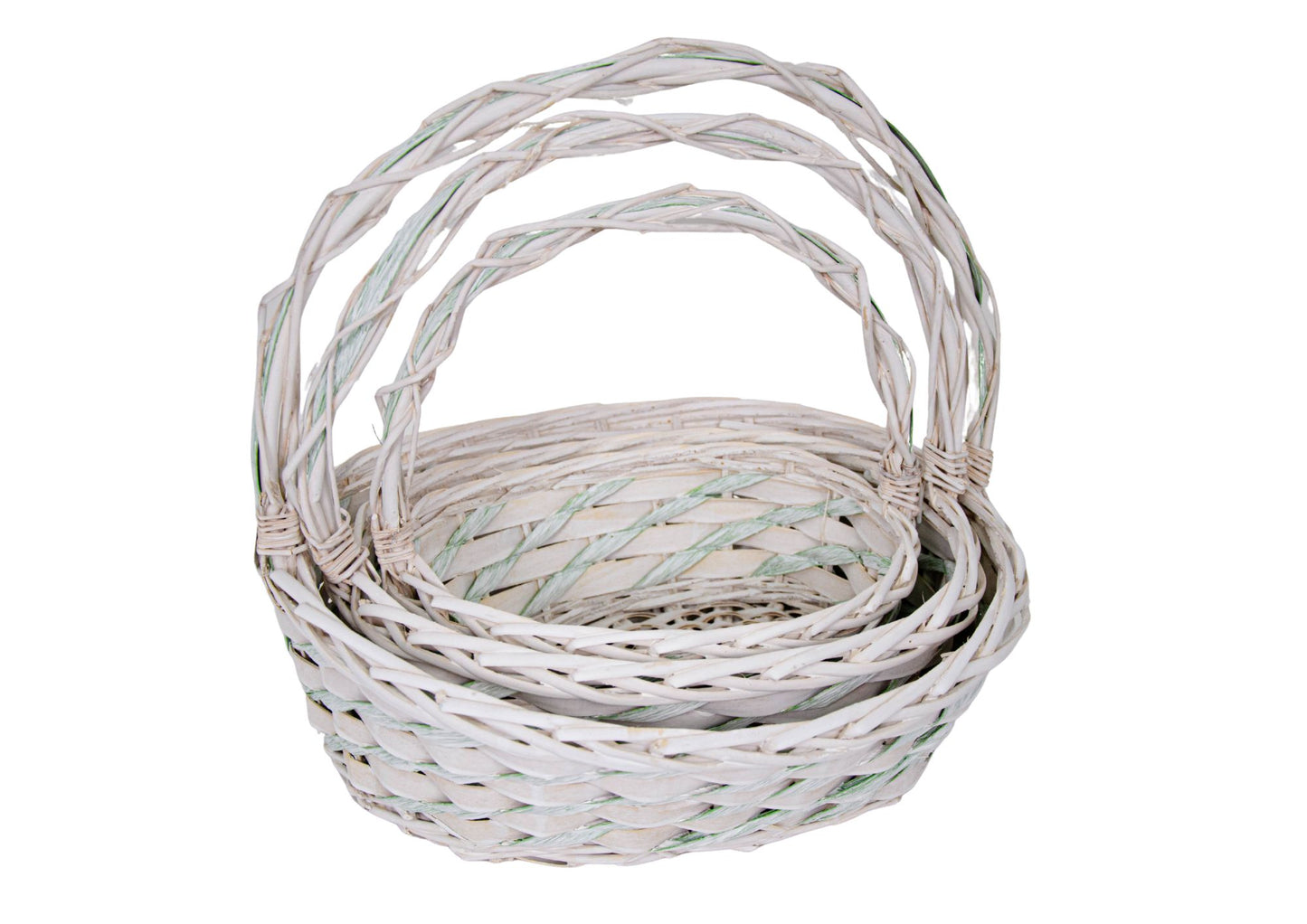 Set 3 Cosuri din Rachita cu Aschii de Lemn si Sfoara Verde, Forma Ovala Alba