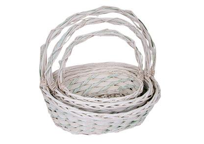 Set 3 Cosuri din Rachita cu Aschii de Lemn si Sfoara Verde, Forma Ovala Alba