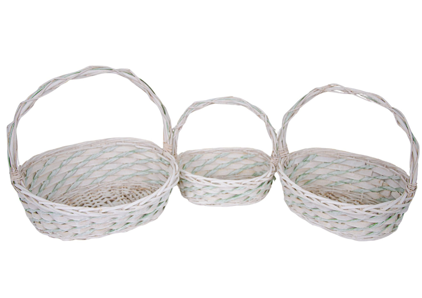 Set 3 Cosuri din Rachita cu Aschii de Lemn si Sfoara Verde, Forma Ovala Alba