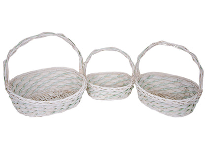 Set 3 Cosuri din Rachita cu Aschii de Lemn si Sfoara Verde, Forma Ovala Alba