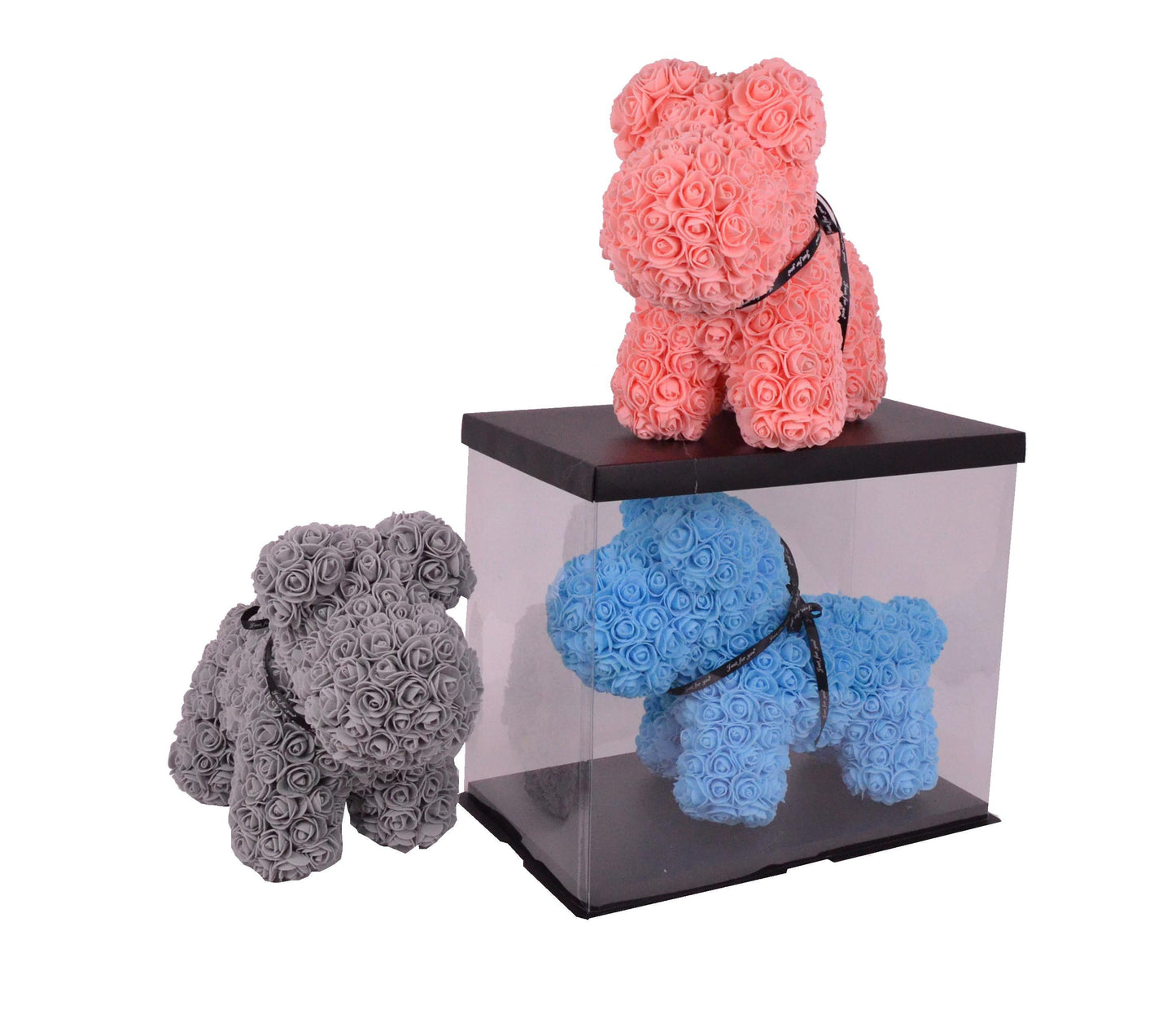 Catelus din trandafiri de spuma in cutie transparenta H 40
