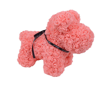 Catelus din trandafiri de spuma in cutie transparenta H 40