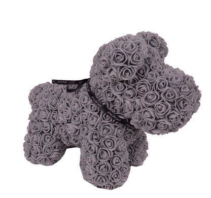 Catelus din trandafiri de spuma in cutie transparenta H 40