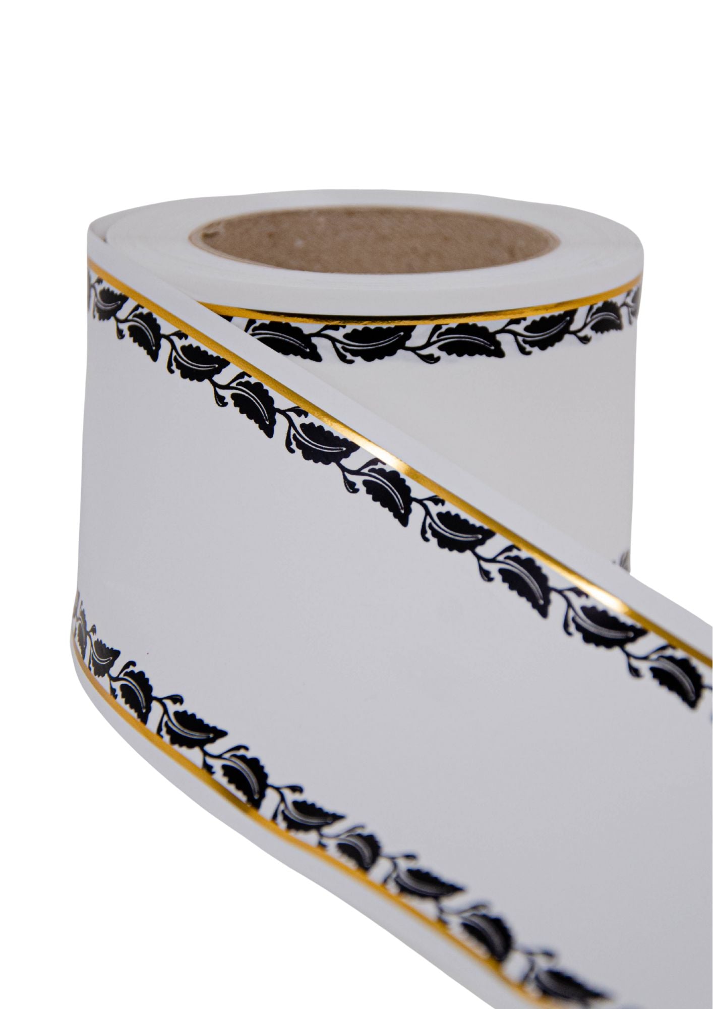 Panglica funerara cu frunze negre si fir auriu pe margini pentru coroane funeare si coronite