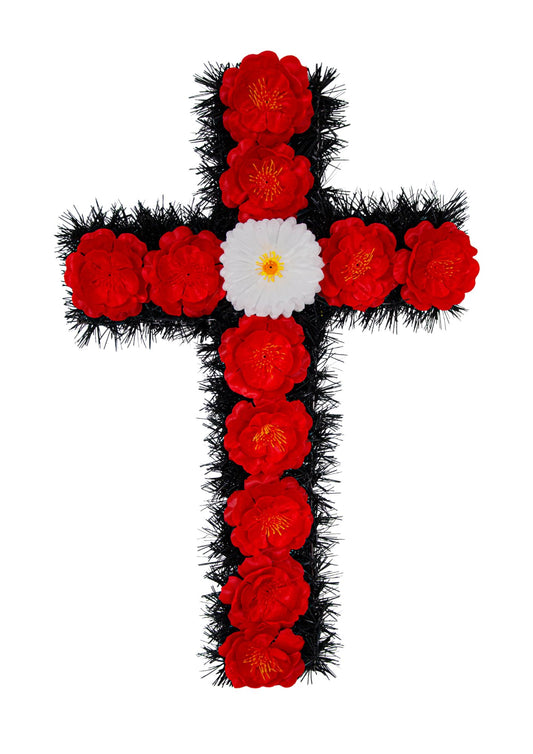 Cruce Funerara Medie cu Flori Artificiale Rosii si Albe