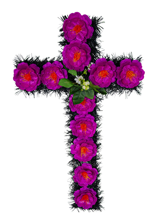 Cruce Funerara Mica cu Flori Artificiale Mov