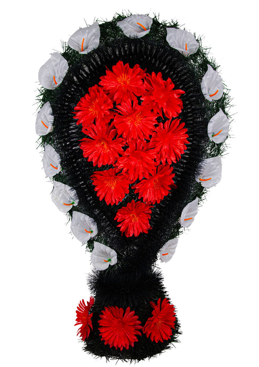 Coroana Funerara Brad Artificial cu Flori Tip Lacrima Intoarsa cu Picior H 90 cm