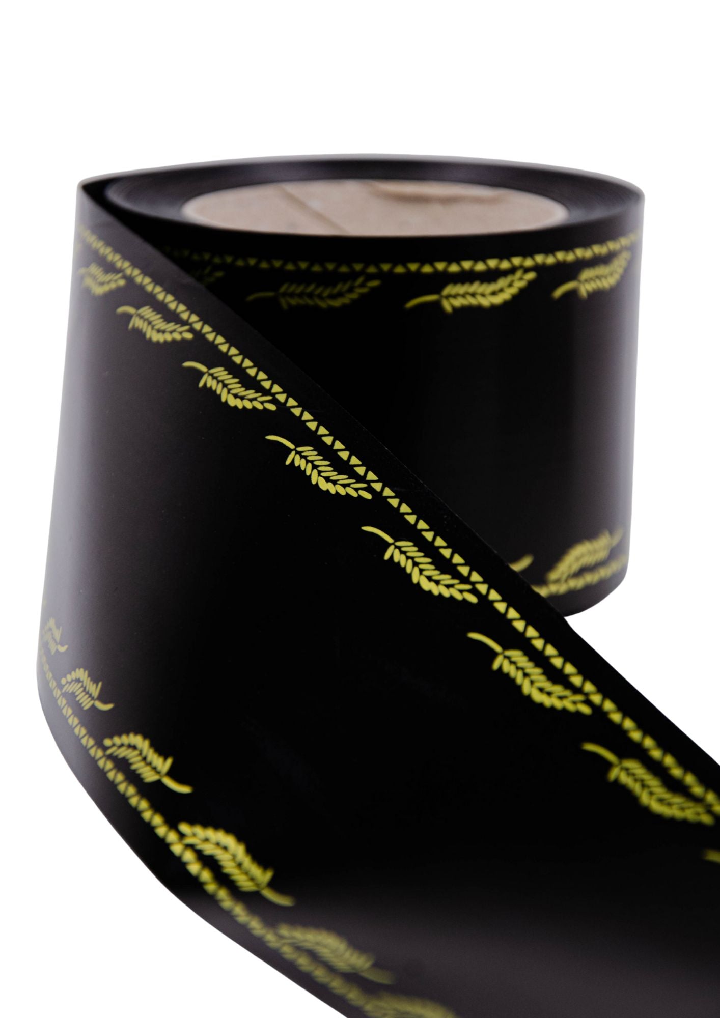 Panglica funerara cu floricele aurii si dungi cu triunghiuri pe margini