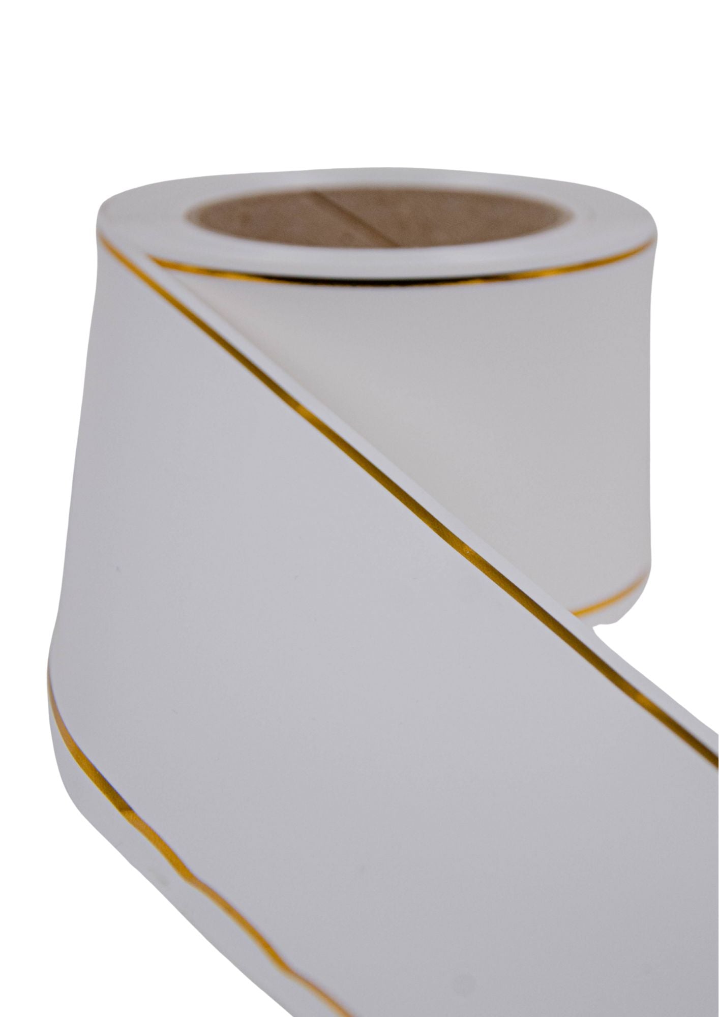 Panglica funerara alba cu fir auriu pe margini