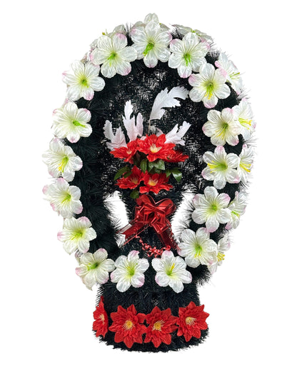 COROANA FUNERARA CU PICIOR DIN PIN CU FLORI H 90CM
