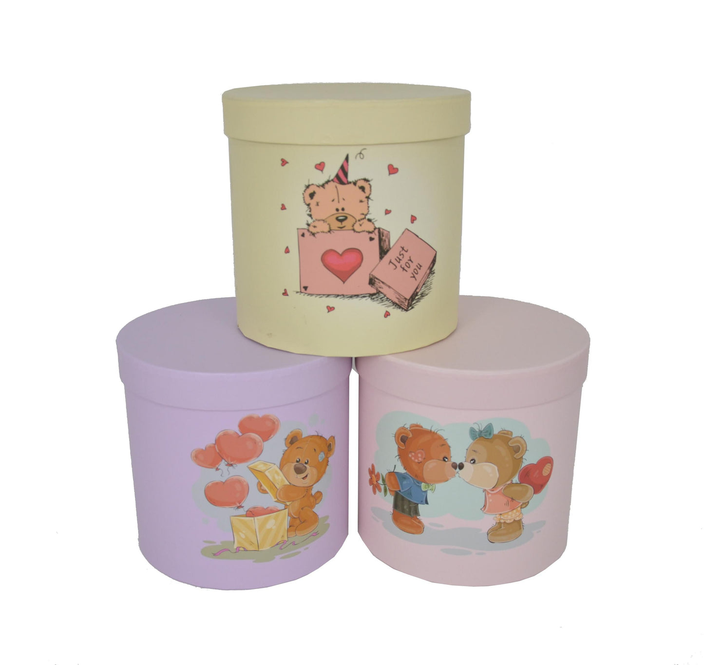 Set 3 Cutii Rotunde cu Imprimeu Foto Ursuleti pentru Flori H15-H19
