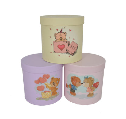 Set 3 Cutii Rotunde cu Imprimeu Foto Ursuleti pentru Flori H15-H19