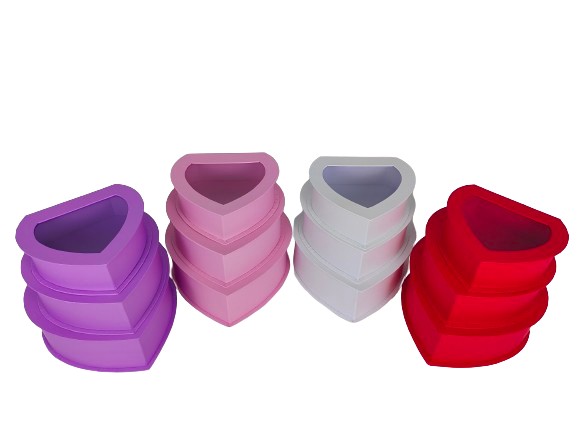 Set 3 Cutii Tip Inima cu Capac Transparent pentru Flori H7-H10