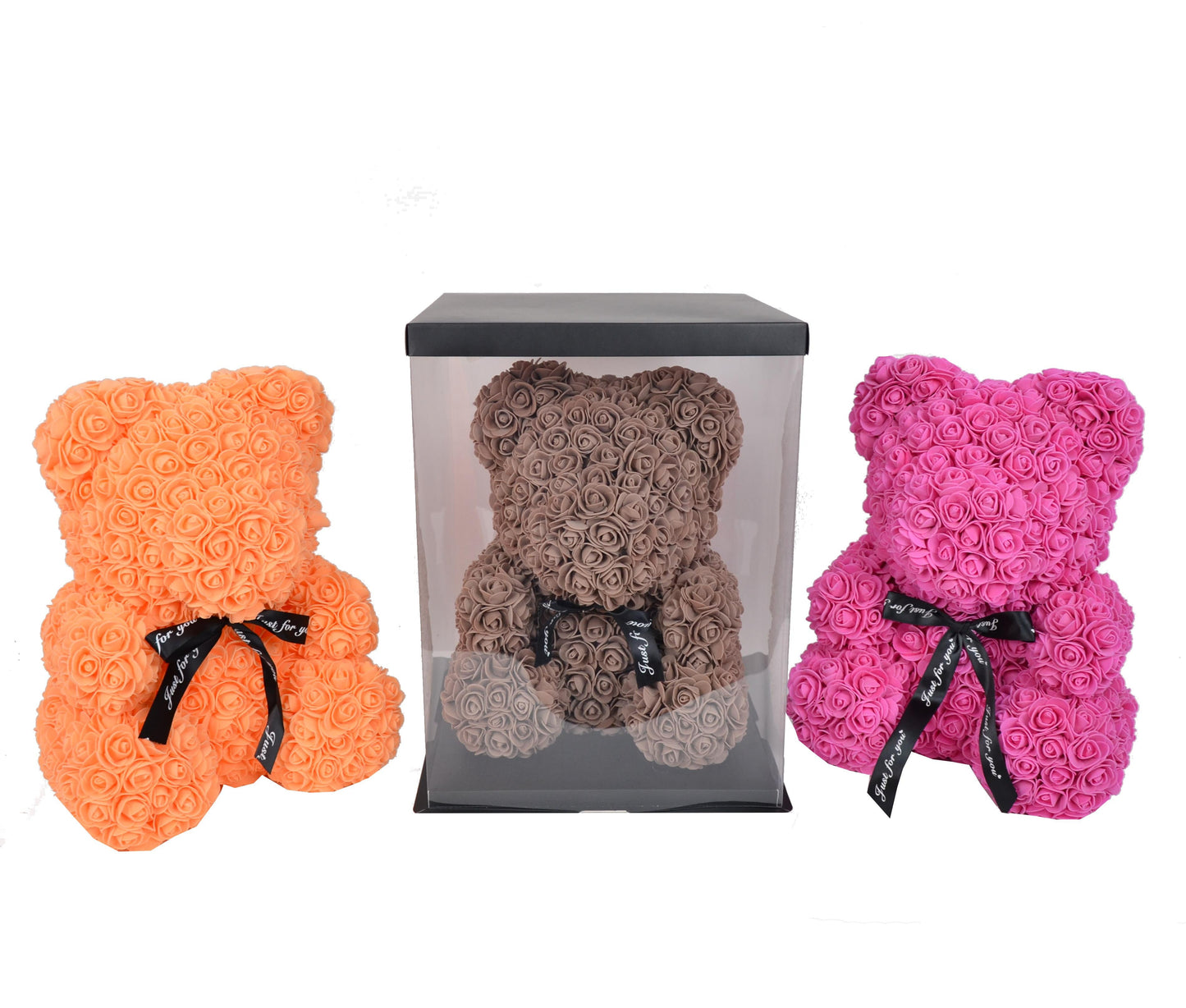 Ursulet din trandafiri de sapun in cutie transparenta H 40