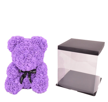 Ursulet din trandafiri de sapun in cutie transparenta H 40