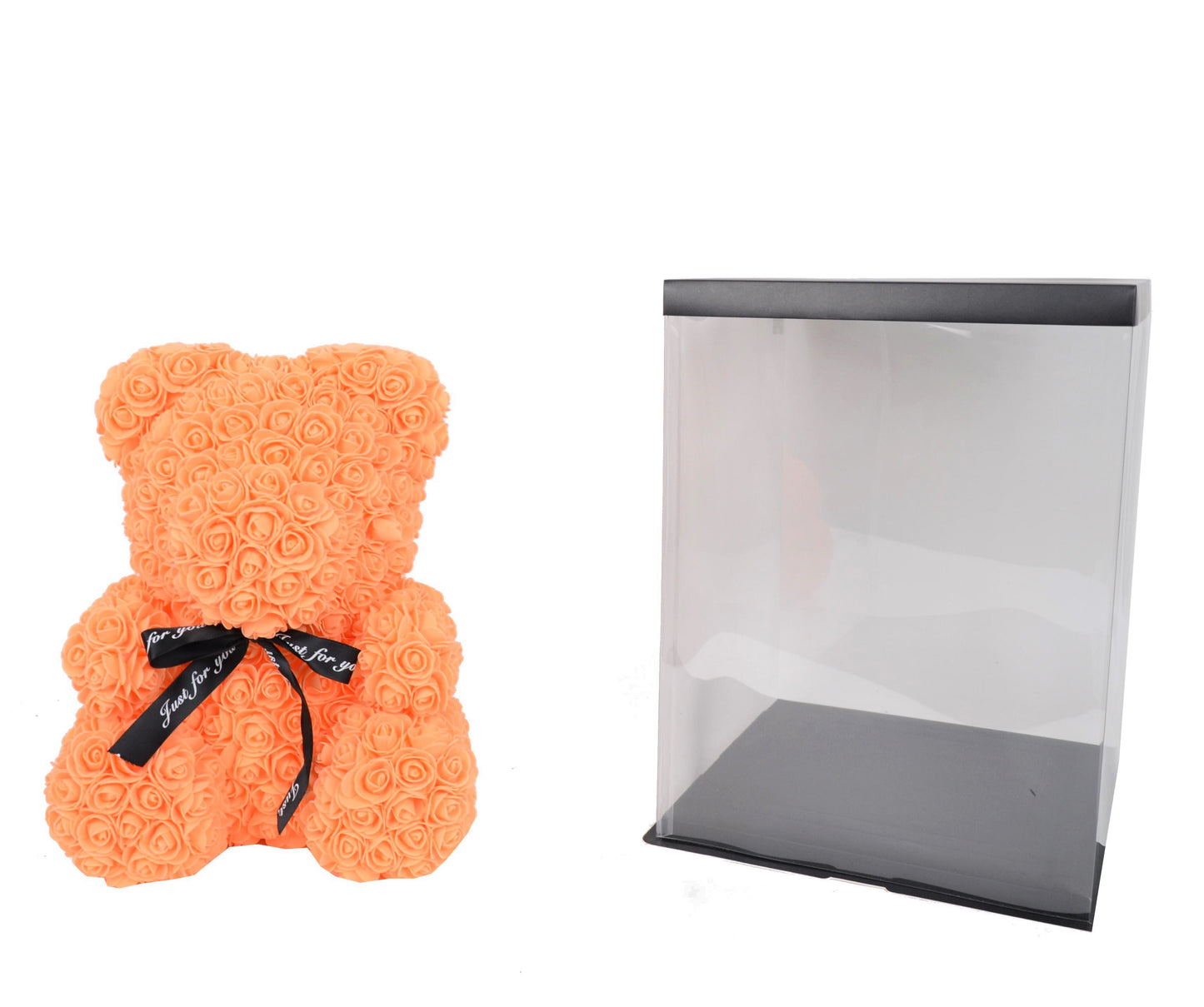 Ursulet din trandafiri de sapun in cutie transparenta H 40