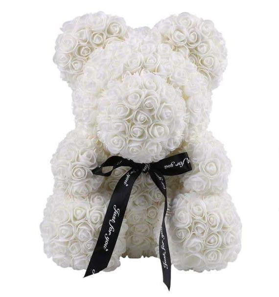 Ursulet din trandafiri de sapun in cutie transparenta H 40