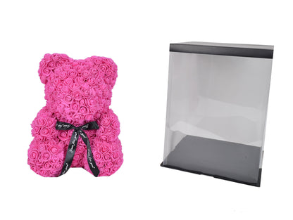 Ursulet din trandafiri de sapun in cutie transparenta H 40