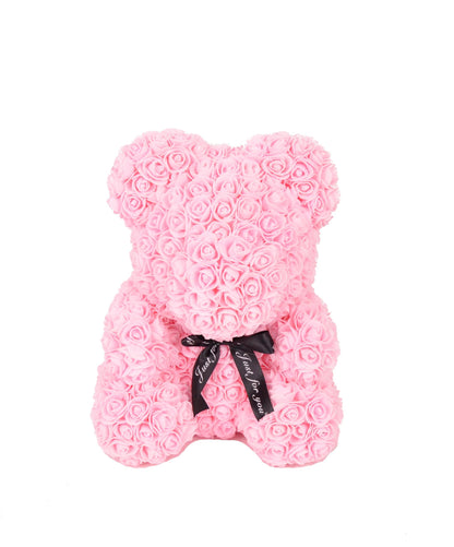 Ursulet din trandafiri de sapun in cutie transparenta H 40