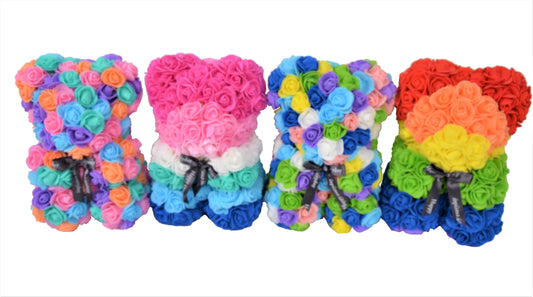 Ursulet din trandafiri multicolori de spuma in cutie transparenta H 25