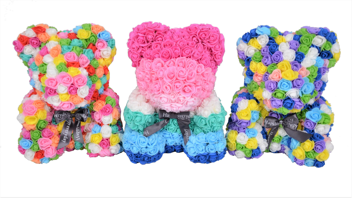 Ursulet din trandafiri multicolori de spuma   in cutie transparenta H 35