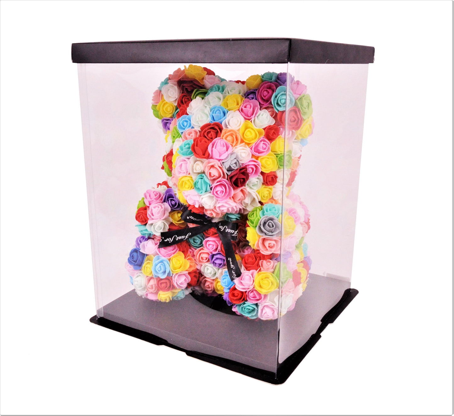 Ursulet din trandafiri multicolori de spuma   in cutie transparenta H 35