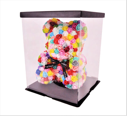 Ursulet din trandafiri multicolori de spuma   in cutie transparenta H 35