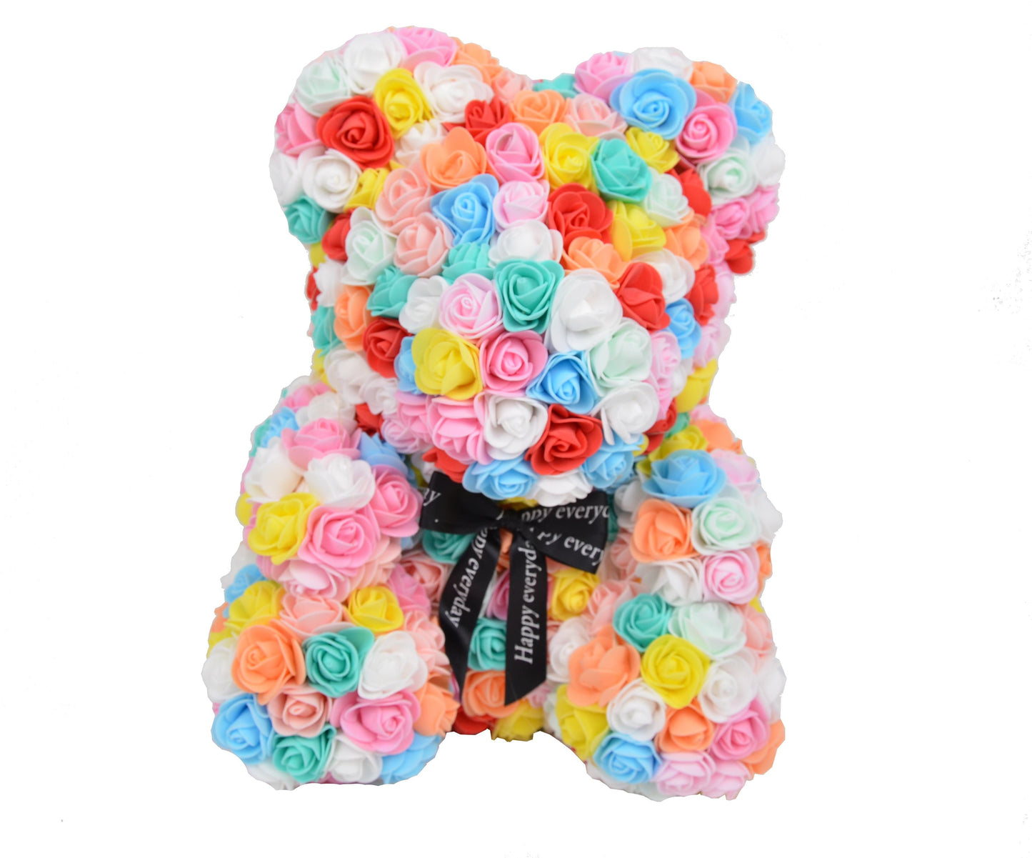 Ursulet din trandafiri multicolori de spuma   in cutie transparenta H 35