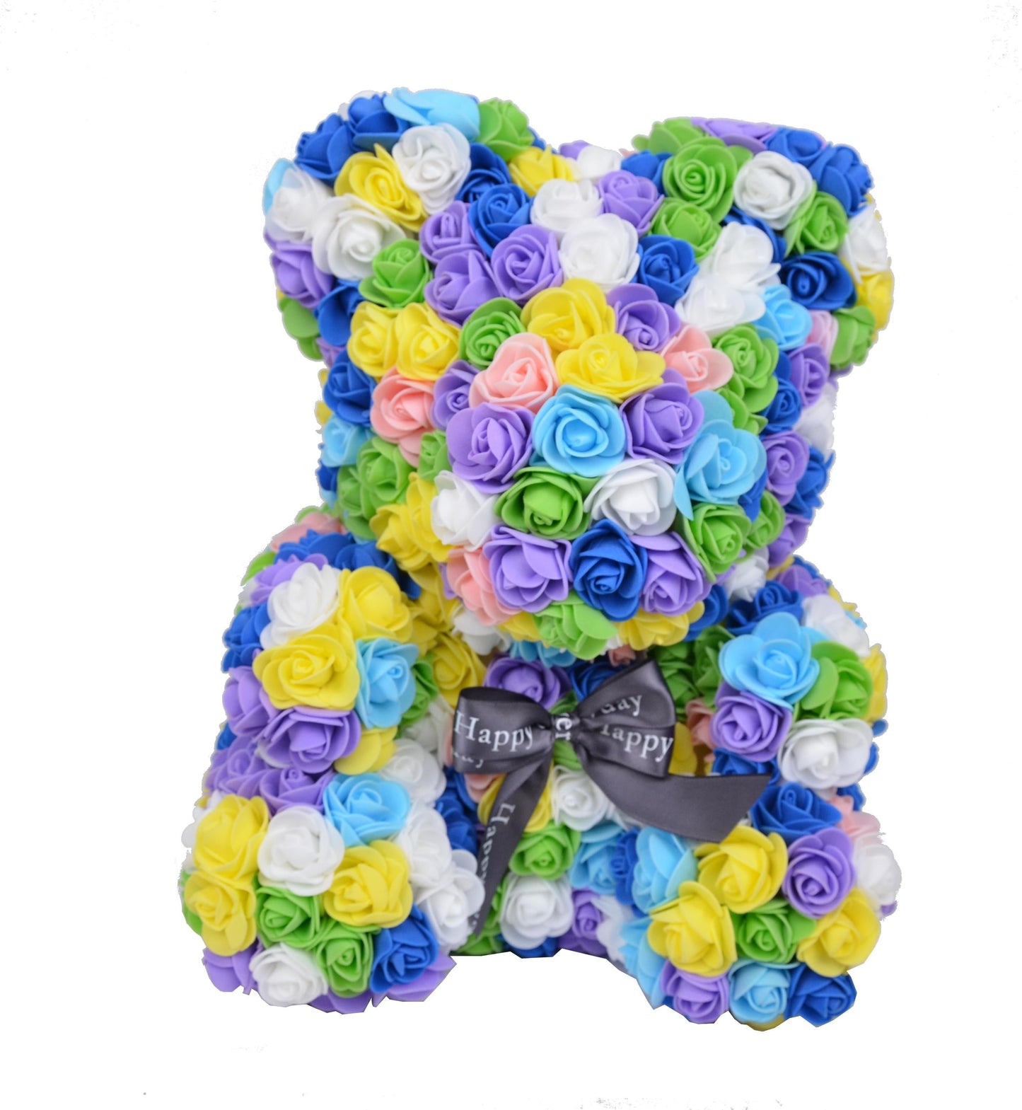 Ursulet din trandafiri multicolori de spuma   in cutie transparenta H 35