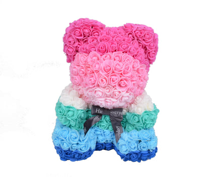 Ursulet din trandafiri multicolori de spuma   in cutie transparenta H 35