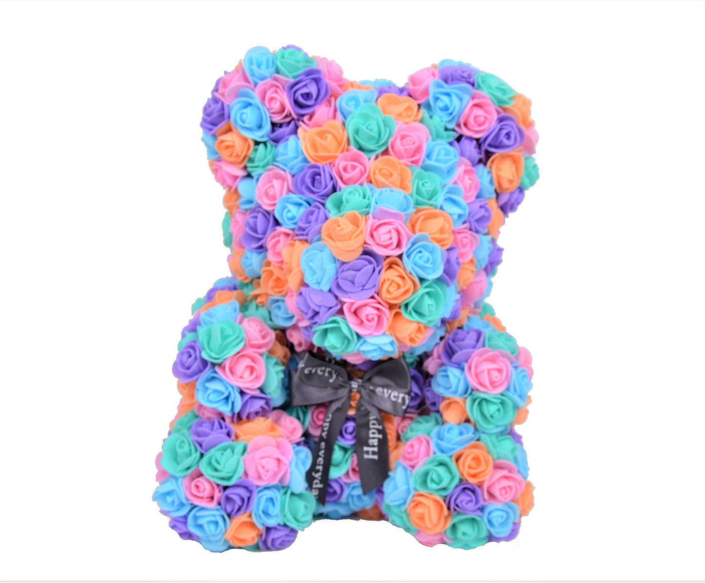 Ursulet din trandafiri multicolori de spuma   in cutie transparenta H 35