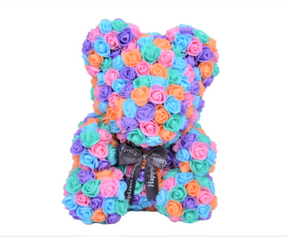 Ursulet din trandafiri multicolori de spuma   in cutie transparenta H 35