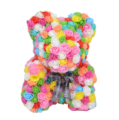 Ursulet din trandafiri multicolori de spuma   in cutie transparenta H 35